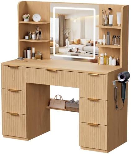 LIVELYGLOW 43" Large Natural Wood Makeup Vanity Desk with Charging Station - Image 2