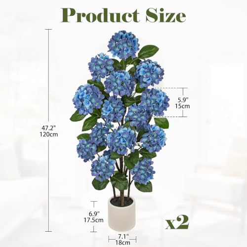 2 Pack 4FT Blue Hydrangea Artificial Flowers Tree Potted Hydrangea Flowers - Image 2