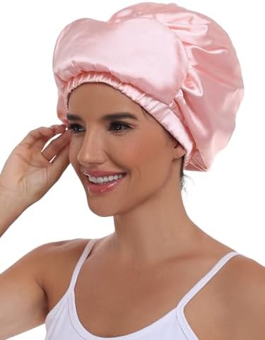 Double Layer Satin Bonnet with Eye Mask Adjustable Silk Sleep Cap Turban Style Hair Wrap for Curly Hair Pink - Image 3
