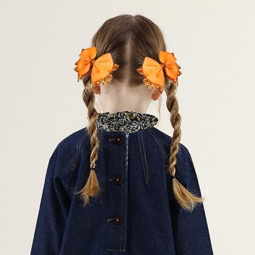 Sparkly Orange Ribbon Hair Bow Clips 2PCS 3.5" Boutique Glitter Sequin Dress Bow Alligator Hairpins for Teens Toddler Girls Kids Fall Give Thanks Gift Halloween Outfit Decor Accessory - Image 5