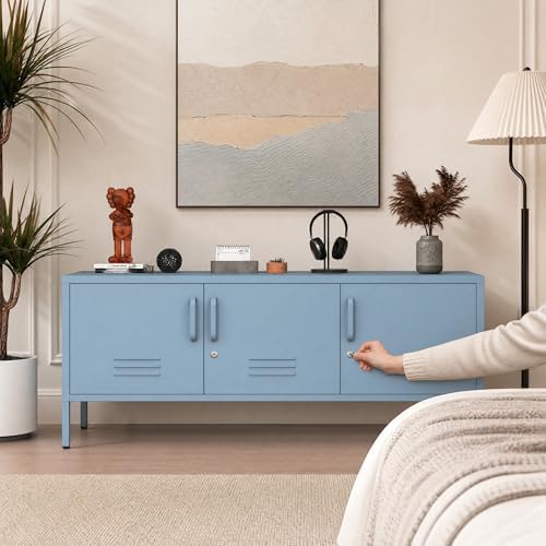 Blue Industrial Metal TV Stand with Lockable Storage Cabinet, Wide 3-Door Media Console, Adjustable Shelves, Multipurpose Accent Cabinet for Living Room Bedroom Home Office - Image 7