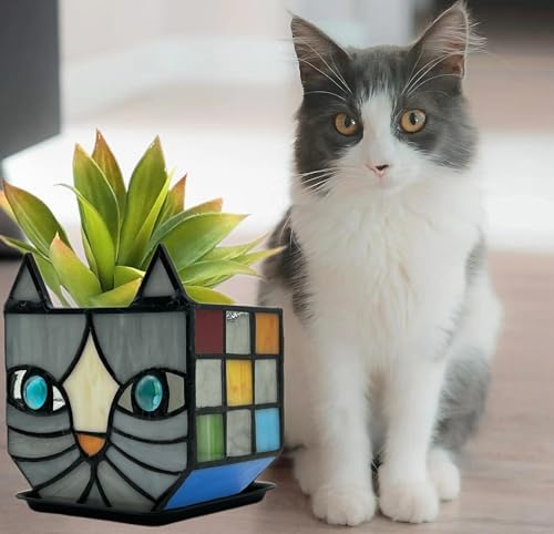 Unique Stained Glass Gray Cat Planter, Plant Pots Indoor,Indoor Flower Pots with Drainage,Window Sill Cat Decoration Gift,4.6x5.15x3IN - Image 4