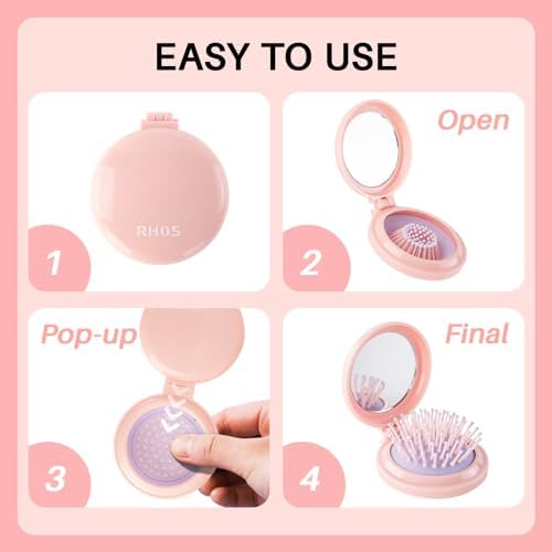 RHOS Folding Brush with Mirror for Women, Girls - Compact Pocket Portable Hair Brush with Soft Nylon Bristles for Purse and Travel (Pink) - Image 5