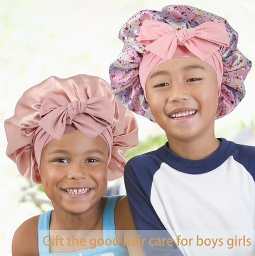 2 PCS Kids Bonnet for Girls Double Layer Silk Satin Bonnet Sleep Cap for Child Curly Natural Hair 3-12Y (pink&&Rainbow pink) - Image 6