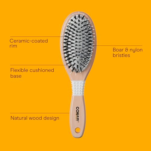 CONAIR Ceramic Wood Nylon & Boar Bristle Cushion Hair Brush, hairbrush for women, reduce frizz and add shine, natural wood handle, for all hair types - Image 2