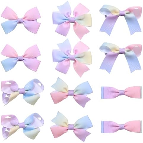 3" Girls Dressy Hair Bows Rainbow Gradient Multi Colored Grosgrain Ribbon Bow-knot Alligator Clips Holiday Hair Accessories for little Teen Toddler Girls Back School Gift in Pairs Set of 12 by KCHIES-AccessoryCollection