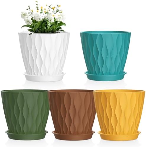 Meowell 6 inch Plant Pots, 5Pack Water Ripple Flower Pots for Indoor Outdoor Plants, Plastic Planters with Drainage Holes and Saucers, Nursery Pots for Small Succulent Garden House Plants, Multicolor by Meowell