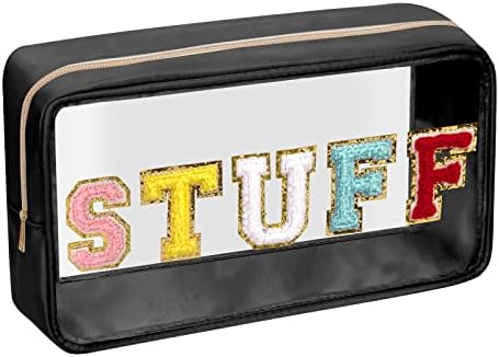 Iqimott Clear Patch Makeup Bag Stuff Pouch, Preppy Personalized Chenille Letter Cosmetic Pouch for Travel, Nylon Waterproof Organizer Travel Essentials Zipper Toiletry Bags for Women Girls(Black) by Iqimott
