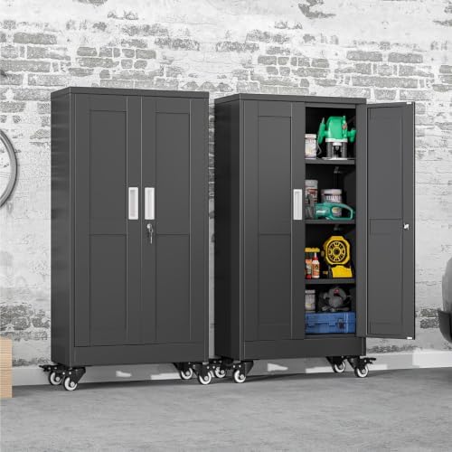 45.6" Metal Garage Storage Cabinet with Wheels and Locking Doors and Tall Rolling Steel Tool Cabinet with 3 Adjustable Shelves for Garage,Home,Office,Shop (Black, 45.6''H x 23.7''W x11.8''D) - Image 2