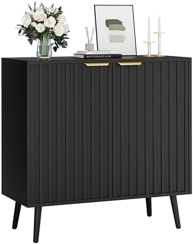 Vrullu Modern Storage Cabinet, Black Sideboard and Buffet Storage, Wood Accent Cabinet for Living Room, Hallway, Entryway, Dining Room (1, Black+Gold) by Vrullu
