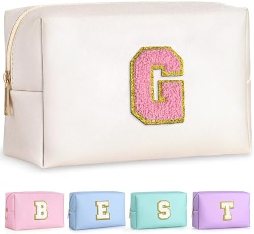 TOPEAST Travel Makeup Bag, Personalized Initial Toiletry Bag w Zipper, Cute Makeup Pouch, PU Leather Waterproof Cosmetic Bag, Birthday Gift for Daughter, Preppy Things for Girls (Pearly White G) by TOPEAST