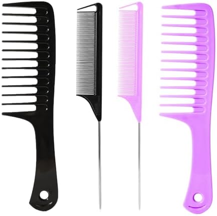 4PCS Wide Tooth & Rat Tail Hair Combs Set for Men & Women(Black+Purple) by Fgail