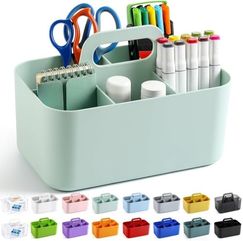 Multiuse Caddy Organizer with Handle, Portable Divided Plastic Tote Bin - Art Craft, Stationary Pen Marker Crayons, Makeup Hair Supplies Storage - Bathroom, Classroom, Dorm, Office, Desk Holder - Mint by AOZITA