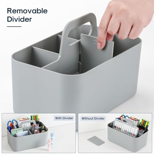 Multiuse Caddy Organizer with Handle, Portable Divided Plastic Tote Bin - Art Craft, Stationary Pen Marker Crayons, Makeup Hair Supplies Storage - Bathroom, Classroom, Dorm, Office, Desk Holder - Grey - Image 6