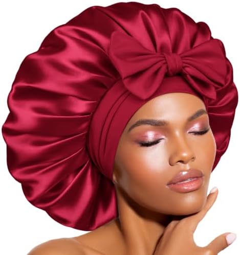 BONNET QUEEN XL Large Silk Like Bonnet for Sleeping for Curly Hair,Satin Bonnet with Adjustable Tie Band,Dark Red by BonnetQueen