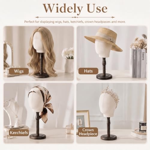 Peohud 21 Inch Mannequin Head, Canvas Wig Stand with Head, Linen Dome Model Head with Detachable Wood Stand for Hats, Caps, Headdress, Wig Making, Headband Display - Image 5