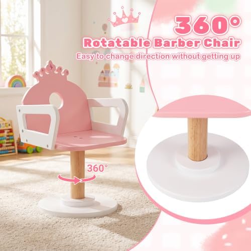 Costzon Kids Hair Salon Play Set with LED Lighted Mirror, Wooden Pretend Hair Salon Station w/Swivel Barber Chair & Rolling Cart, 10 Accessories Included, Makeup Vanity Set for 3-7 Years Old Children - Image 3