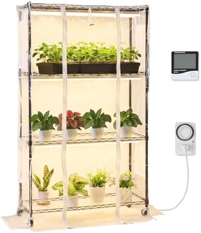 VEVOR Indoor Greenhouse with Grow Light, 59 in Tall 4-Tier Plant Stand with Clear Cover, Timer & Hygrometer, 180W Full Spectrum Grow Lights, Metal Lighted Plants Shelf Holder for Indoor Plants by VEVOR