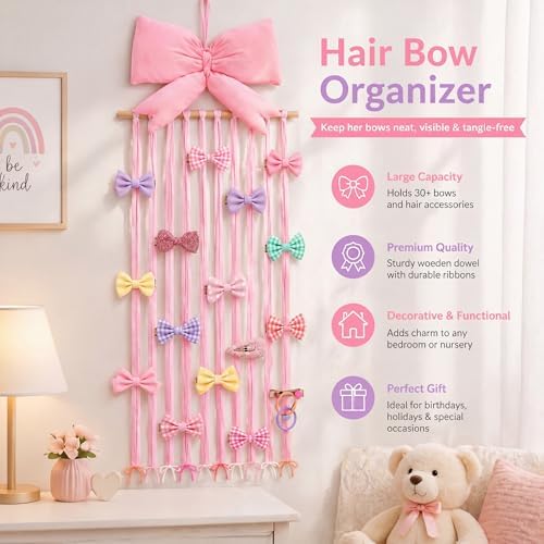 Suncalla Long Bow Holder for Girls Baby Pink Bow Hair Clip Organizer - Image 5