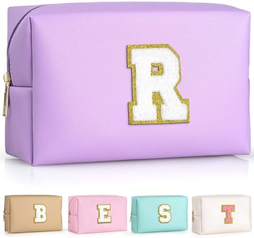 TOPEAST Cosmetic Travel Bags for Women, Preppy Small Makeup Bag, PU Leather Waterproof Toiletry Bag, Unique Friendship Gifts for Friends Coworker, Cute Stuff for Girls (Purple R) by TOPEAST
