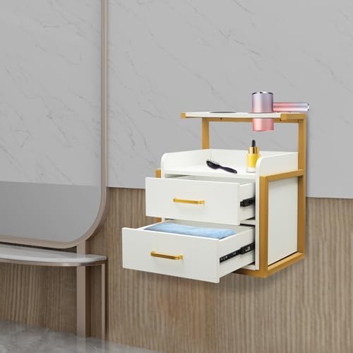 Wall Mount Styling Station,Salon Storage Station Cabinet with Drawers,Beauty Barber Salon Storage Organizer 2 Hair Dryer Holders for Hair Stylist,Barber Shop,Home (White,Gold) - Image 3