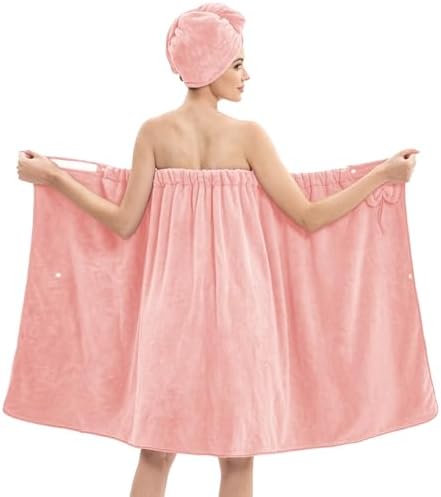 Women's Bath Towel Wrap with Hair Towel, Adjustable Soft Microfiber – Pink by HJMJY