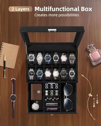 Uten 12-Slot Watch Box, 2-Layers PU Leather Watch Case with Lock - Image 2