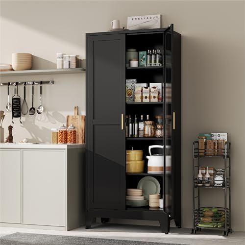 YAUWOH 71''Metal Cabinet with 4 Adjustable Shelves,5-Tier Pantry Storage Cabinet,Kitchen Pantry Cabinet for Living Room,Dining Room, (1PC,Black) - Image 2