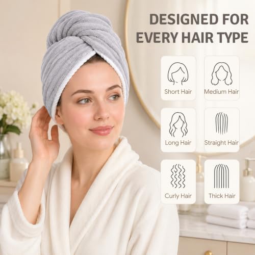 2 Pack Microfiber Hair Towel Wraps, Quick Dry Turbans, Blue & Gray - Image 4