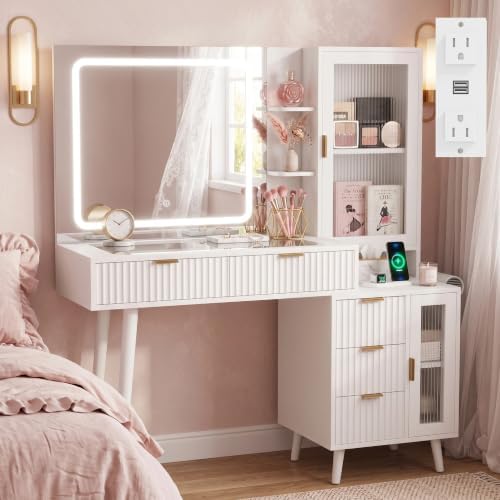 White Vanity Desk with Mirror and Lights, 49" Fluted Makeup Vanity Table with Glass Top, Charging Station, 5 Drawers, 2 Cabinet with Adjustable Shelves, Salon Station, Wood by GlouModFurniture