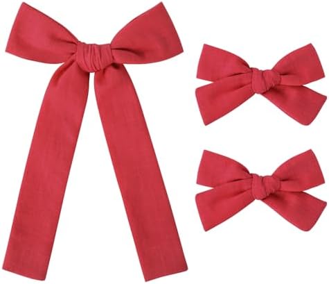 DEEKA Cotton Linen Hair Accessories Set: Red Hair Bows & Ponytail Knot Bows in 2 Sizes, Alligator Clips for Toddlers & Little School Girls by DEEKA