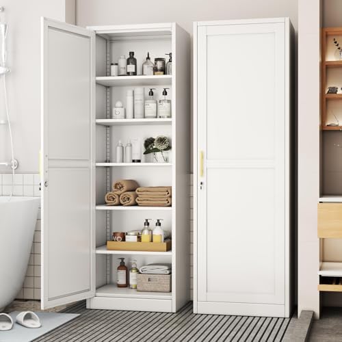 Tall Metal Narrow Bathroom Storage Locker Cabinet 67" H, White Kitchen Pantry Cabinets,File Cabinet Organizer with 5 Adjustable Shelves and Lockable Doors for Kitchen Home Office Living Dining Room by BAOLIWO
