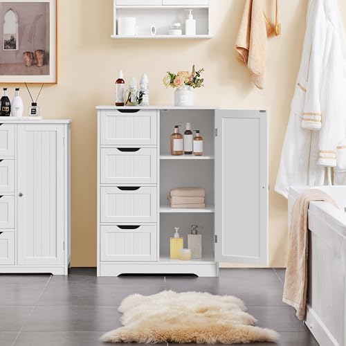 Yaheetech Bathroom Storage Cabinet with 4 Beadboard Drawers and Door, White - Image 2