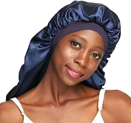 Extra Large Satin Bonnet for Curly Hair Stay on All Night Navy - Image 4
