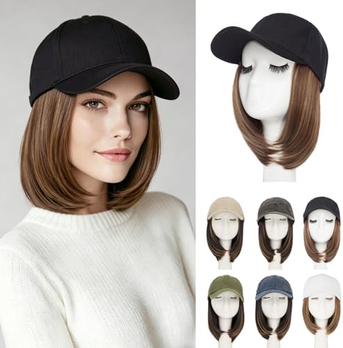 Rich Choices Hat Wigs for Women,Black Baseball Cap with Hair Extensions for Women,Short Bob Hairstyle Caps with Hair Attached Adjustable Baseball Cap Wig 6 Inch-Highlighted Dark Brown Hair by RichChoices