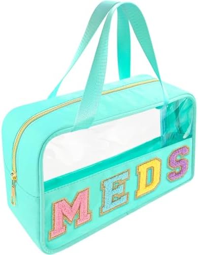 Bunliuys Chenille Letter Clear Makeup Bag Meds Patch, Travel Toiletry Makeup Bag with Handle, Nylon Waterproof Makeup Bags clear cosmetic bag, preppy patch makeup bag for Women (MEDS-Mint Green) by Bunliuys