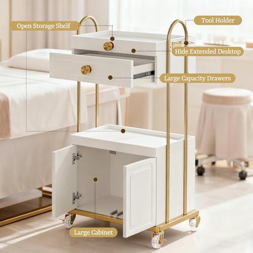 Salon Trolley Cart with Lockable Wheels, Salon Station Cabinet with Drawer & Cabinet for Hair Stylist Makeup Tool Organizer for Beauty Spa Barbershop (White&Gold) - Image 4