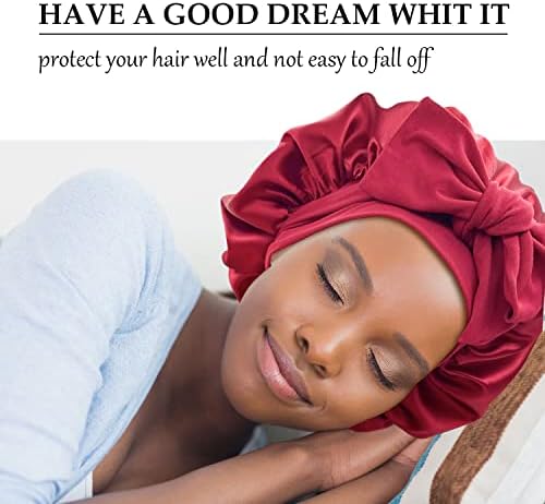 Satin Bonnet Silk Hair Bonnet for Sleeping Large Bonnets with Tie Band Wrap with Adjustable Straps Cap Night Sleep Caps for Women Curly Braid Hair Wine Red - Image 2