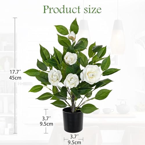 Small Artificial Camellia Roses Potted - 17.7" White Faux Camellia Rose Mini Tree Fake Flower Plant Artificial Plants & Flowers Indoor with Planter for Home Office Living Room Porch Arrangement Decor - Image 5