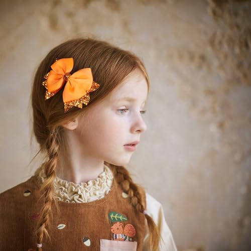 Sparkly Orange Ribbon Hair Bow Clips 2PCS 3.5" Boutique Glitter Sequin Dress Bow Alligator Hairpins for Teens Toddler Girls Kids Fall Give Thanks Gift Halloween Outfit Decor Accessory - Image 3
