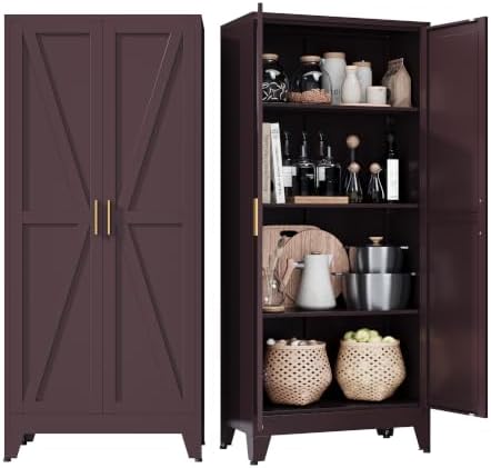 Metal Pantry Cabinet, Cherry Red Kitchen Storage Cabinets with 2 Barn Door by COFAR