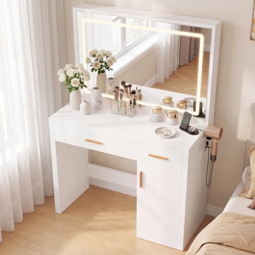 DUMOS 35" Large Vanity Desk with LED Lights Mirror & Charging Station by DumosLifestyle