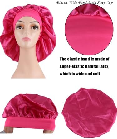 2 Pcs Extra Large Size Women Satin Bonnet Sleep Cap Silk Feeling Shower Cap Hair Scarf Wrap (Black Burgundy Hot Pink) (Hot Pink) - Image 4