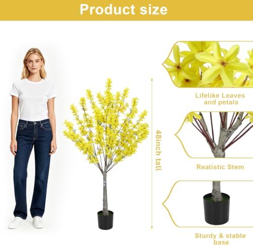 4FT Yellow Artificial Forsythia Tree, Faux Spring Forsythia Flower Branches Plant with Pot, Lifelike Fake Tree for Living Room Corner, Entryway, Porch Indoor Outdoor Decor - Image 3