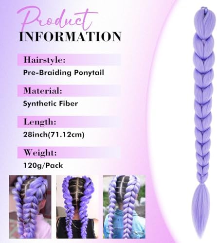 Getgal 28 Inch Purple Braiding Hair Ponytail 120G Pre Styled Braid Hair Professional Purple Hair Extensions Ponytail Synthetic Costume Cosplay Braids Hair (28 Inch) - Image 2