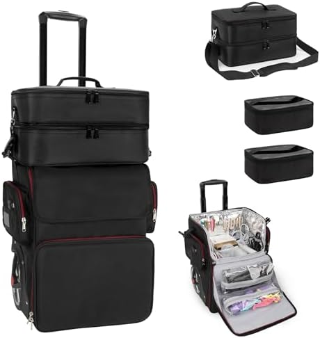 Large Makeup Train Case with a Large Makeup Travel Case for Hairstylist, Hairdresser Bag with Detachable Pouch,Heat Insulation and Anti-scalding for Hairdressing Tool Organizer 2 in 1, Big wheels by OCHEAL