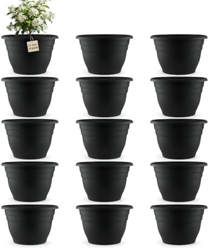 RooTrimmer 15 Pack 11 Inch Plant Pots with Drainage Holes,Black Plastic Flower Pots with Hanging Holes,Durable Planters for Indoor & Outdoor Plants,Nursery Pots by RooTrimmer