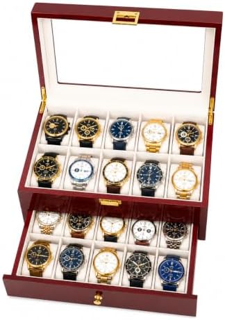 High End 20 Slot Rosewood Watch Box for Men, 2 Tier Watch Organizer with Glass Display Lid, Velvet Lined Watch Case Storage for Up to 45mm Watches, Luxury Watch Holder Gift for Collectors by Craftilux