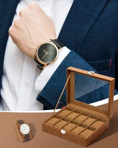 Uten 10-Slot Watch Box, PU Leather Watch Case with Glass Lid, Brown - Image 7