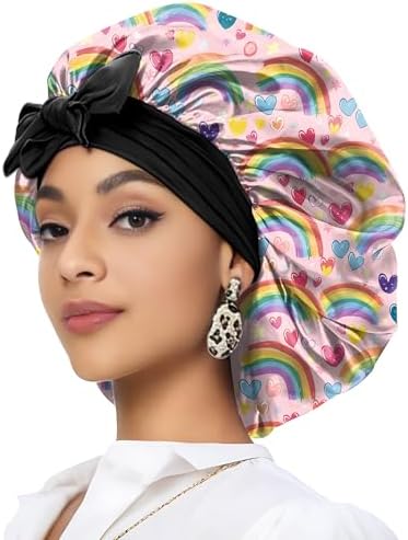 Satin Hair Braid Bonnet for Sleeping Double Layer Elastic Wide Soft Tie Band Hair Silk Lined Sleep Cap Women Girls by Deokke